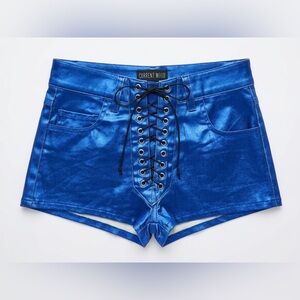 NWT Dolls Kill Current Mood x Horoscopez Metallic Blue Lace Up Shorts - XXS